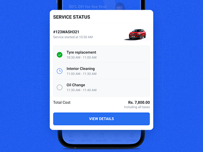 Car service center: Service Status Card Design app automobile app design automobile ui car car service app car wash concept dailyui minimal ui ux