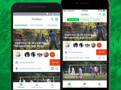 UI Exploration for a soccer match scheduling app amigos android app argentina friends futbol green ios orange soccer