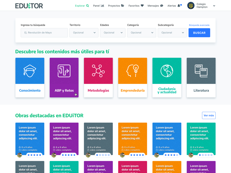 EDUiTOR - Explore page dashboard explore search color products website education school