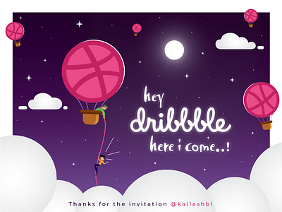 Hey Dribbble, here i come..! air balloon creative debut dribbble first hot illustration magical night shot