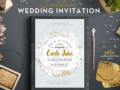 Golden Foil Wedding Invitation brush foil gold grunge handmade handwritten hero invitation rose typography vintage wedding