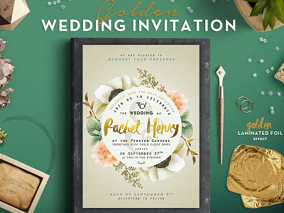 Golden Foil Wedding Invitation brush foil gold grunge handmade handwritten hero invitation rose typography vintage wedding