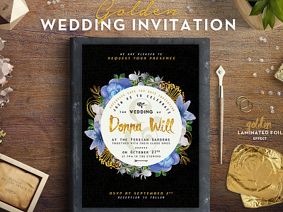 Golden Foil Wedding Invitation brush flower foil gold grunge handmade handwritten hero invitation typography vintage wedding