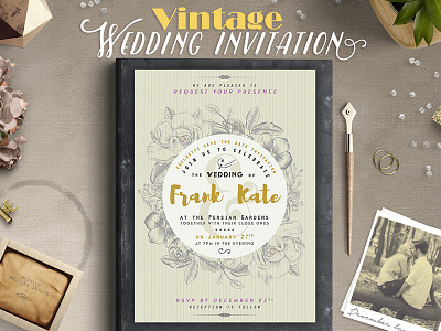 Vintage Wedding Invitation brush decoration flower grunge handwritten invitation polaroid retro template typography vintage wedding