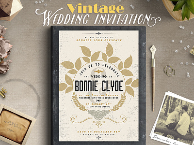 Vintage Wedding Invitation III brush decoration flower grunge handwritten invitation polaroid retro template typography vintage wedding