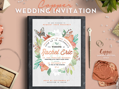 Copper Foil Wedding Invitation brush copper handmade invitation metallic retro rose template typography vintage wedding white
