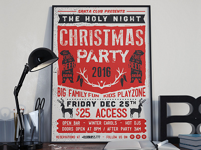 Retro Press Christmas Flyer bash christmas christmas flyer christmas party grunge invitation new year party flyer red retro ribbon santa