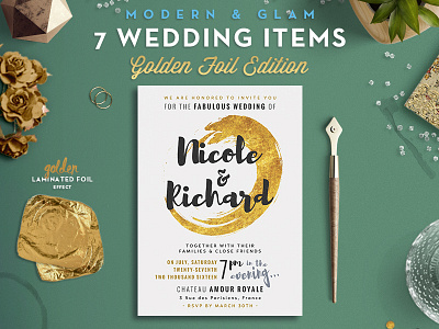 Golden Foil Wedding Suite card foil gold invitation menu postcard save the date suite wedding card wedding invitation wedding pack wedding suite