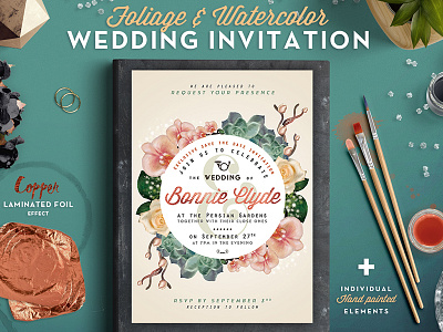 Foliage And Watercolor Wedding Invitation I