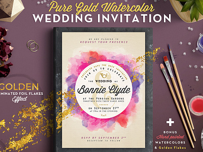 Pure Gold Watercolor Wedding Invite design foil glitter gold hot foil save the date template watercolor wedding wedding design wedding invitation wedding suite