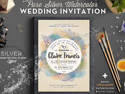 Pure Silver Watercolor Wedding Invite design foil glitter invitation save the date silver suite template watercolor wedding