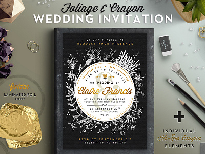 Foliage And Crayon Wedding Invitation I black ceremony dark foliage gold hot foil save the date theme wedding wedding invitation wedding suite white