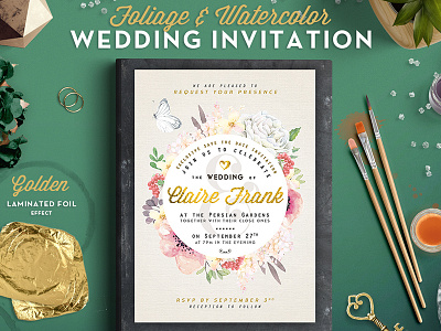 Foliage And Watercolor Wedding Invitation II golden hot foil photoshop watercolor watercolor design watercolor suite watercolor template watercolor wedding watercolors watercolour watercolours wedding design wedding invitation