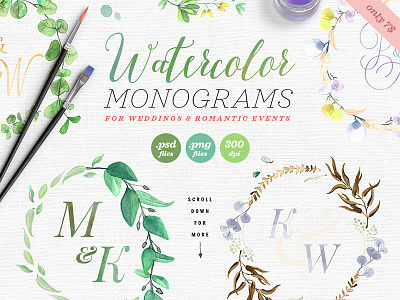 8 Watercolor Wedding Monograms I