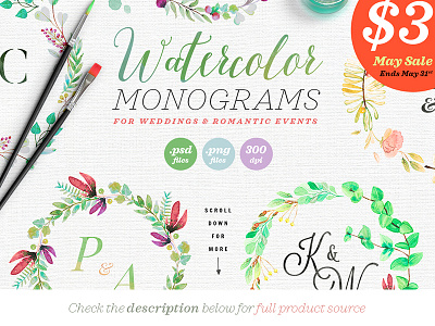 8 Watercolor Wedding Monograms II botanical floral greenery hand painted monogram save the date wedding wedding ceremony wedding design wedding invitation wedding photoshop wedding suite