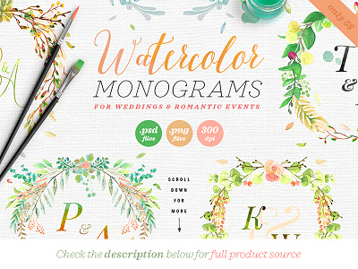 6 Watercolor Wedding Monograms III floral greenery illustration monogram watercolor design watercolor suite watercolor template watercolor wedding watercolors watercolour wedding design wedding invitation