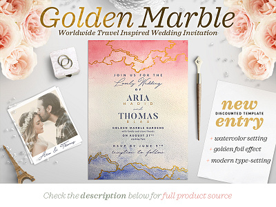 Golden Marble Wedding Invitation I blush gold marble photoshop watercolor watercolor watercolor suite watercolor template watercolor wedding watercolour wedding wedding design wedding invitation