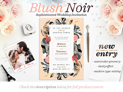 Blush Noir Wedding Invite I blush card dark illustration noir pastel typography watercolor wedding wedding design wedding illustration wedding invitation