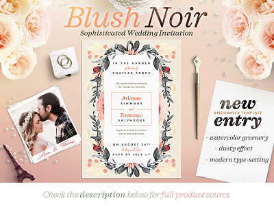 Blush Noir Wedding Invite II blush dark illustration logo monogram noir pastel watercolor wedding wedding design wedding illustration wedding invitation