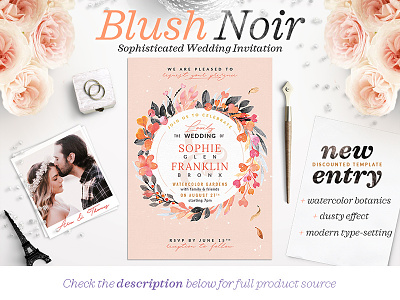 Blush Noir Wedding Invite V blush dark illustration logo monogram noir pastel watercolor wedding wedding design wedding illustration wedding invitation