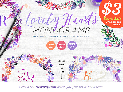 Lovely Hearts Monograms II business card design feminine illustration logo monogram pantone purple template violet watercolor
