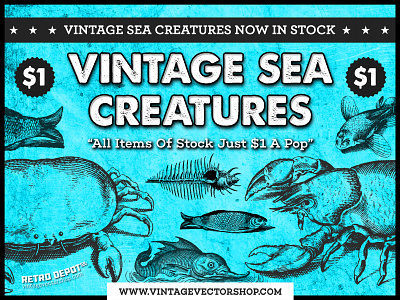 Retro Depot Co. - Vintage Sea Creature Vector Collection sea creatures vector fish vector resources vector sea creatures vectors vintage sea creatures vintage vector fish vintage vectors