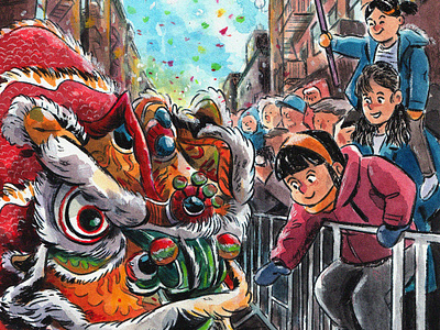 Chinese New Year 2019 art children drawing family illustration