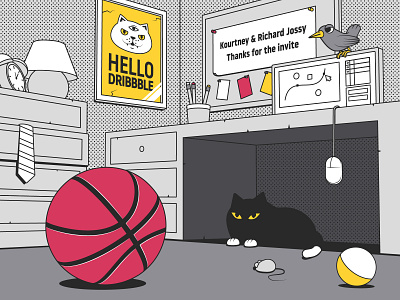 Hello, Dribbble! ball cat hello dribbble illustraion illustration mouse oddcat room workplace
