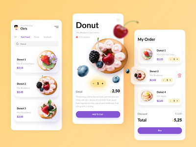 Food Order Mobile App delivery app delivery illustration donut fast food food app food delivery food order food ordering food ordering app mobile app design order purple yellow