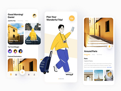 Travel Mobile App a boy characters travel travel agency travel app travel blog travel illustration trip yellow app