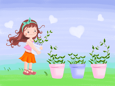 The Happy Girl and Potted Plants flower girl grass hand painted happy photoshop plant youth