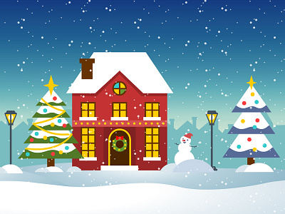 Christmas background background christmas city house illustration night snow snowman tree