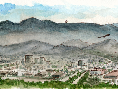 San Fernando Valley, view from Dante's Peak, Griffith Park illustration los angeles sketch watercolor