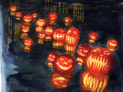 Pumpkin Flotilla at Harlem Meer halloween illustration nyc watercolor