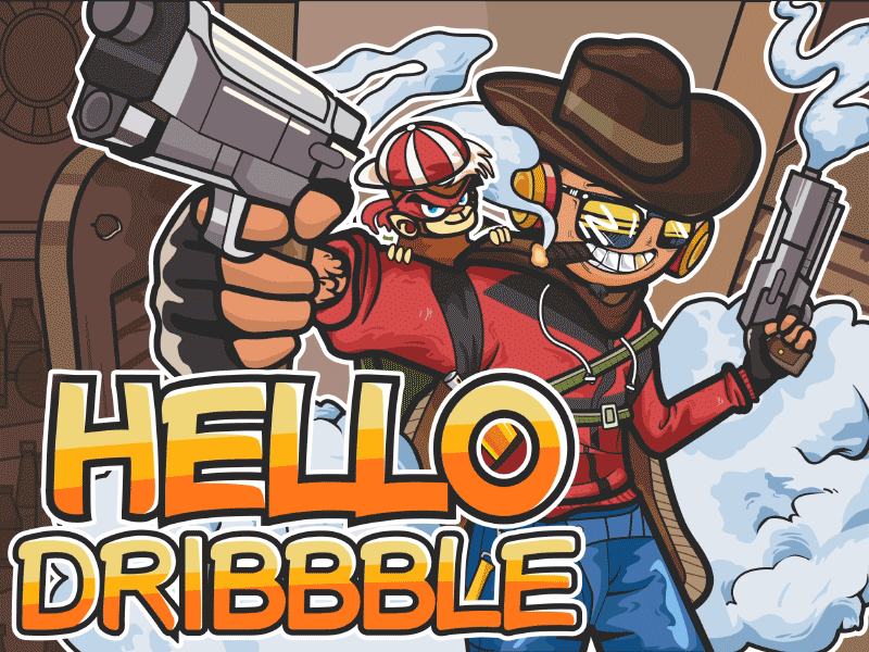 Hello dribbble ae gif animation blank lab color cowboy gloves gun hat illustration monkey smoke sunglasses