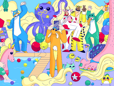 Summer party with kigurumi character cow illustration jumpsuit kigurumi octopus onesie tiger web illustration