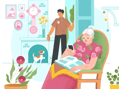 Give InKind 💜 2d 2dillustration branding character cleanillustration dogwalk grandma grandmother help illustration illustrator kind pet ui vector vectorillustration webillustration