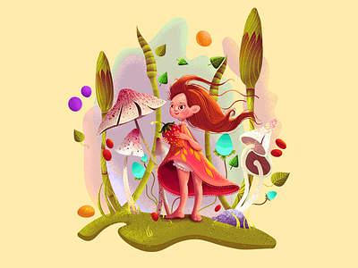 strawberry character children colorful design drawing forest girl illustration mushroom paint strawberry tale