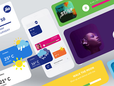 Widgets conceptualization for Jio app color datausage date debut shot design experiencedesign icon jio music musicapp smartwatch smartwatchui typography ui ux uxdesign watchui weather widgets