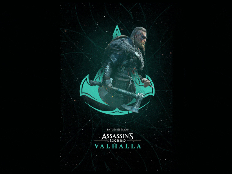 Assassin's Creed poster adobe adobe cc adobe creative cloud after effect assassin assassins creed assassins creed valhalla blue dark digital emerald gif history movie poster pattern photoshop stars video viking vikings