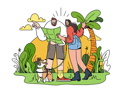 This Way! branding character design dog flat flat art flat illustration graphic green illustration plants vacation