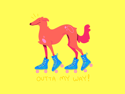 Outta My Way! 2d branding character design design dog flat flat illustration graphic illustration primary colors rollerskates yellow