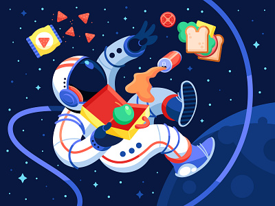 Astronaut Lunch Box astronaut character character design cool design flat graphic illustration outerspace sandwich sci fi soda space stars vector vector art