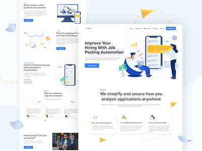 Viva HR Landing page Design blue clean flat hr human resources illustrations landing page landing page design minimal modern uiux webdesign website website design yellow