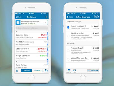 Street Invoice iPhone - Customer List + Select Expenses android app customer dashboard design invoice iphone mobile payment ui ux web