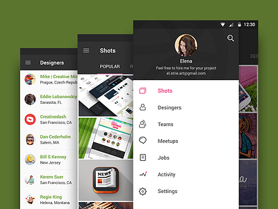 2 Dribbble Invites android concept designer dribbble gallery invite list material design menu mobile profile ui