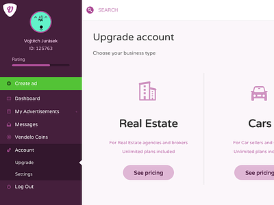 Upgrade Account Vendelo account admin list logout menu pricing profile purple upgrade
