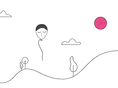 Hello Dribbble balloon debut debutshot dribbble illustration landscape lineart man surreal
