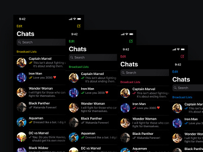 Dark Mode for WhatsApp on iOS - Color Variations android app chatting color colors colour dark dark mode dark theme design iconography ios mobile nav system ui whatsapp