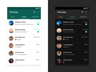 WhatsApp - The Ultimate Guide to Designing Dark Theme android app chat chatapp dark dark mode dark theme grid ios ios app ios apps light light theme list item lists materialdesign messages messaging messaging app tabs whatsapp